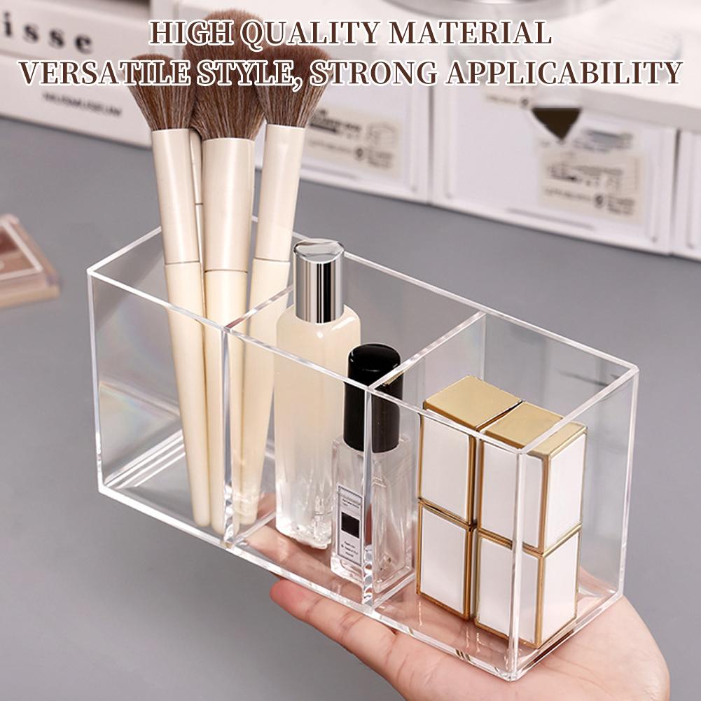 Acrylic 3-Compartment Makeup Organizer, Transparent Plastic Makeup Brush Holder, Bathroom Storage Solution for Makeup Brushes