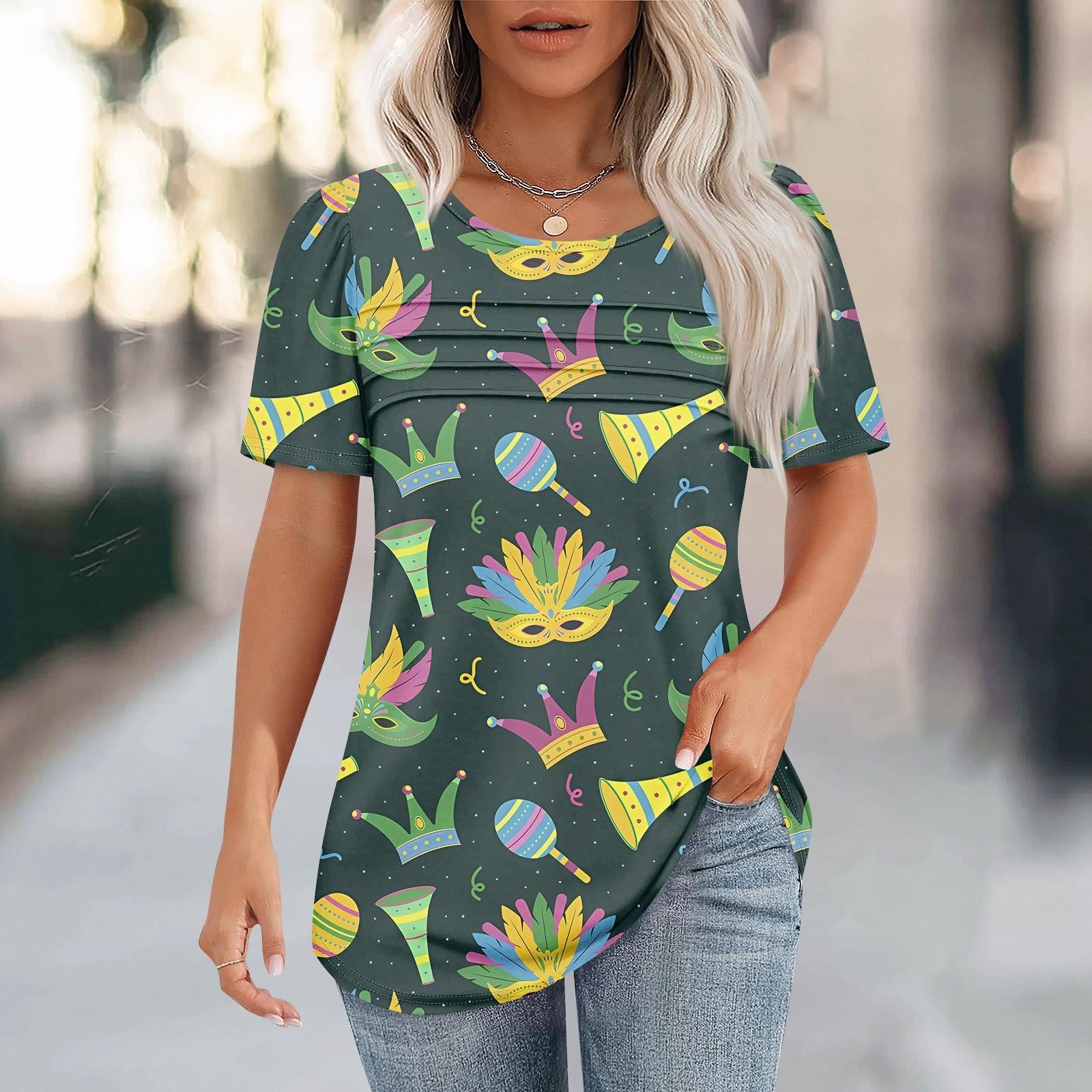 

Женский свободный топ с принтом карнавальной маски, короткими рукавами и круглым вырезом, плиссированный XXL