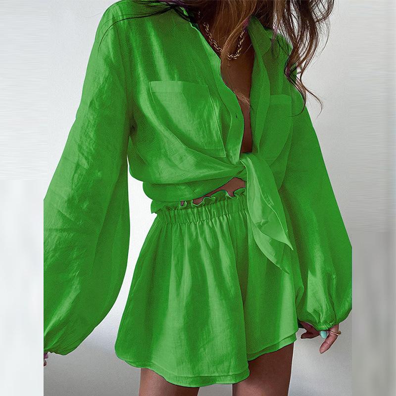 Summer New Women's Clothing Casual Fashion Solid Color Ruffle Edge Shorts Long-sleeved Suit