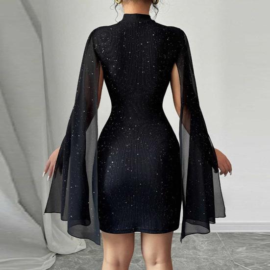 Women's Glitter Cloak Sleeve Mini Dress Sexy Mock Neck Cocktail Party Dress Going Out Wedding Guest Dress