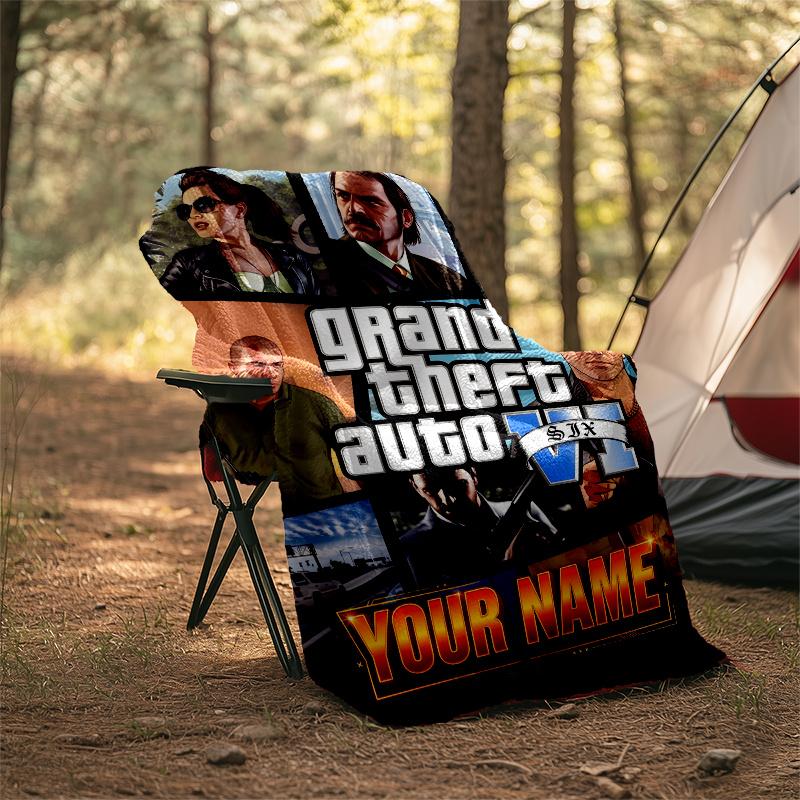 1pc Personalized Name GTA Theme Blanket - Digital Print, Polyester, Cozy for All Seasons, Perfect for Outdoor, and Travel