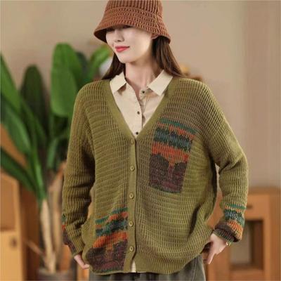 Maglione monopetto vintage con stampa a maniche lunghe e scollo a V, da donna, invernale, con personalità ampia