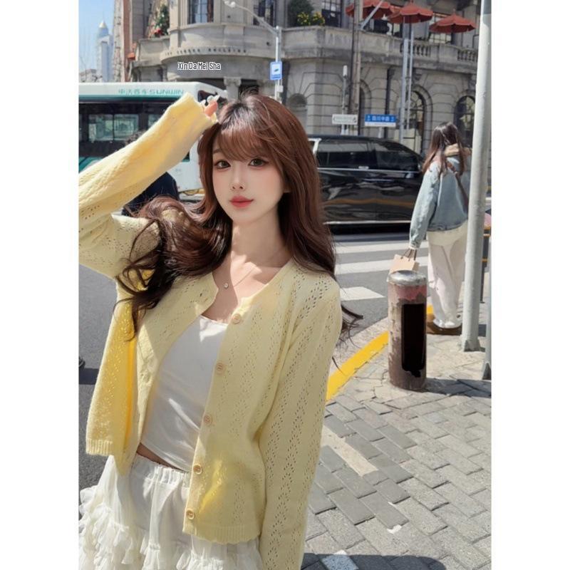 Korean Style Women s Knitted Hollow Cardigan - 2026 Casual Long Sleeve Summer Jacket One Size (80-150 Jin)