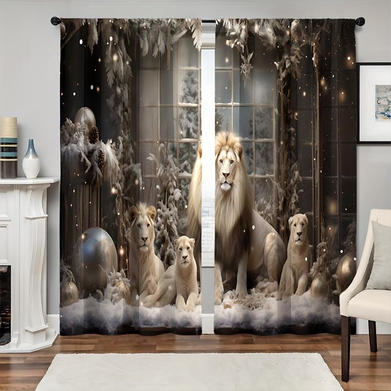 2pcs Elegant Lions And Romantic Rose Print Curtains For Home Decor For Bedrooms Office Kitchen Living Room Study Decor Rod Pocke