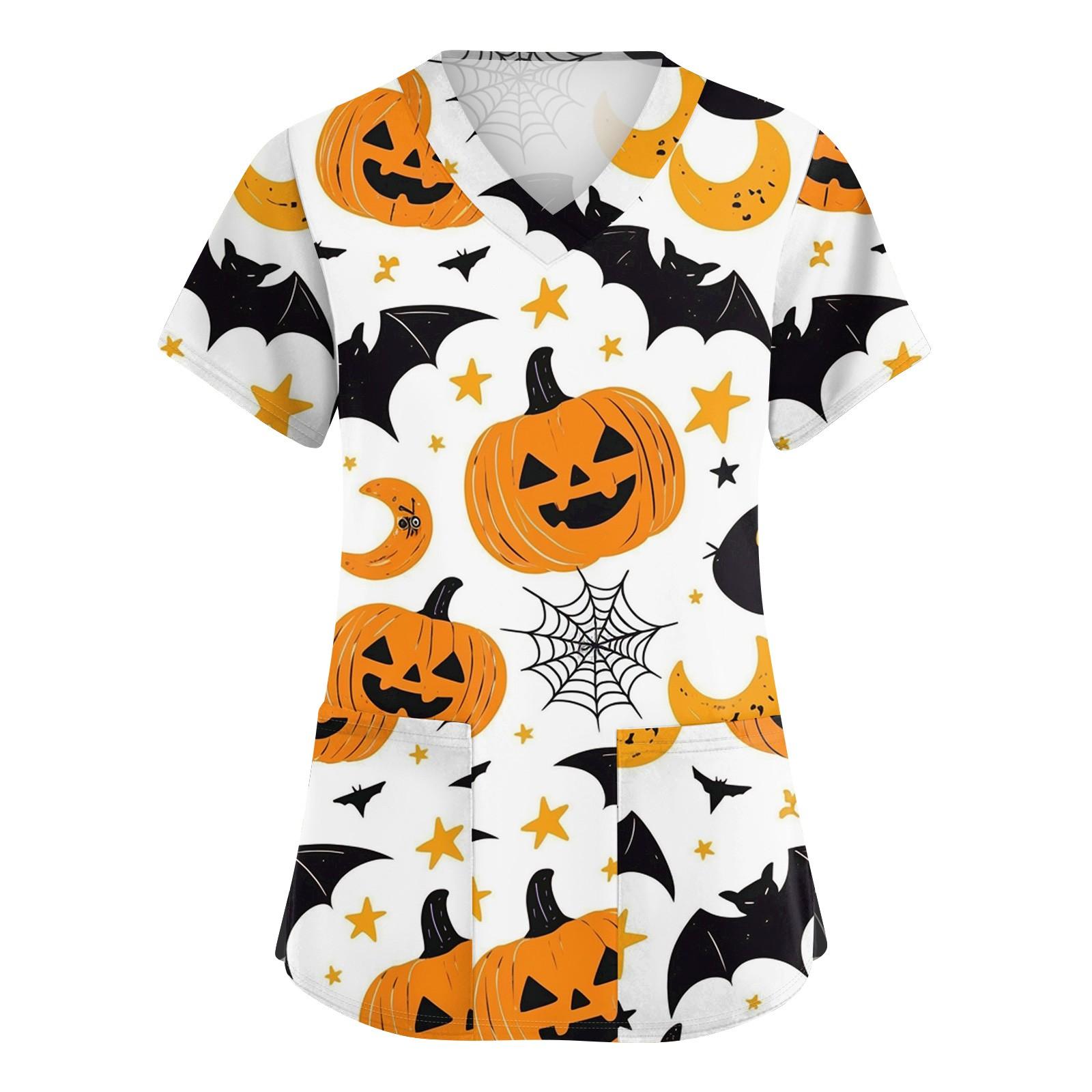 

Жіночий симпатичний робочий одяг з принтом, V-подібним вирізом, двошарові кишені, базовий пуловер з короткими рукавами XXXL білий