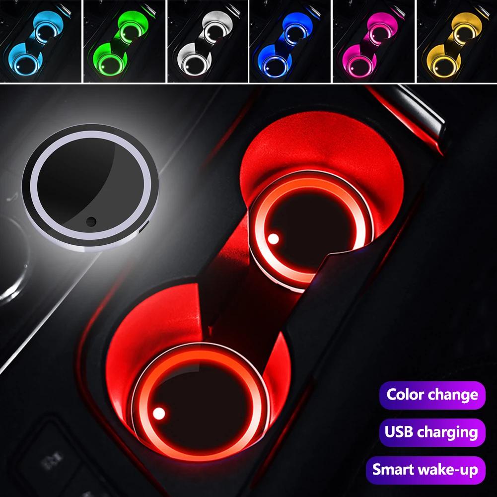 New Car LED Multicolor Cup Holder Lights USB Charging Dynamic Ambient Window Atmosphere Lamp Decor