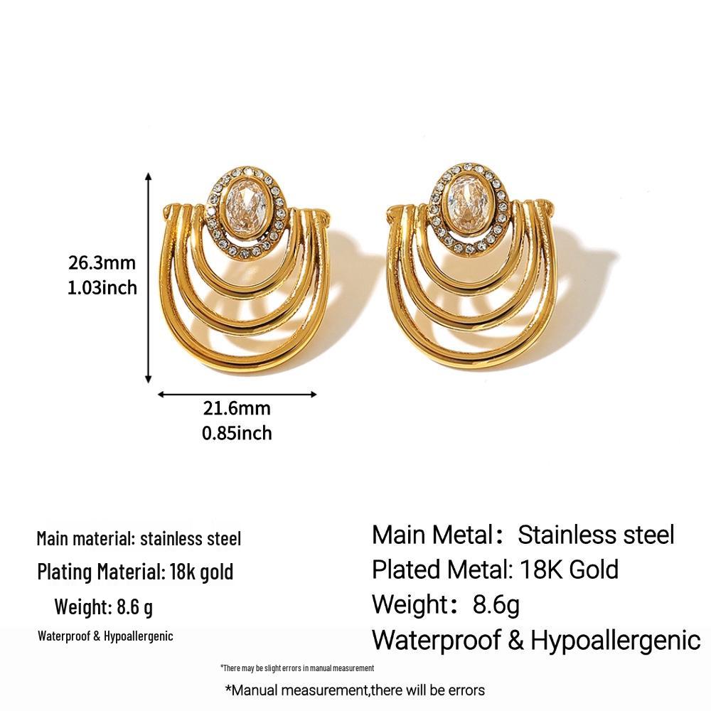 18K Gold Vacuum-Plated Stainless Steel Zirconia Stud Earrings - Women's High-End European American Retro Style, Waterproof with Polished Finish