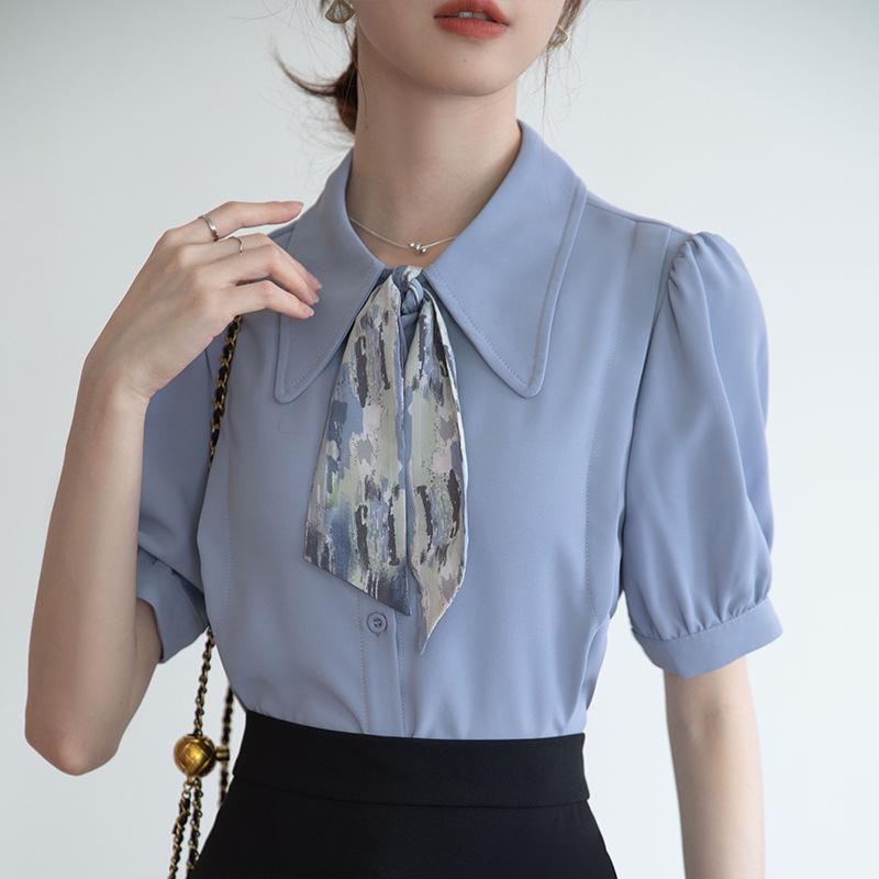 2025 Chic Women's Short Sleeve Chiffon Blouse with Tie – Stylish, Niche Summer Fashion