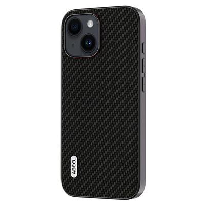 Etui na telefon ABEEL z teksturą włókna węglowego dla iPhone 15, Pokrowiec na telefon PC+TPU powlekany skórą PU