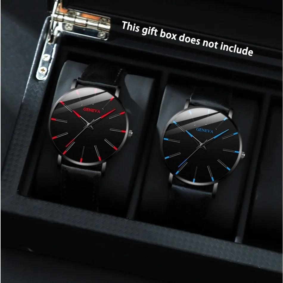 2pcs/set Fashion Mens Watch Round Analog PU Leather Strap Male Quartz Wristwatch Ideal Choice for Halloween Gifts