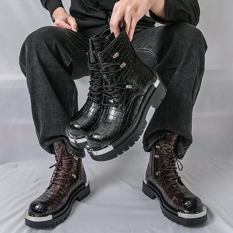 Men’s Retro Thick Sole Platform Punk Boots Elevator Street Style Big Head Motorcycle Boots High Boots Plus Size