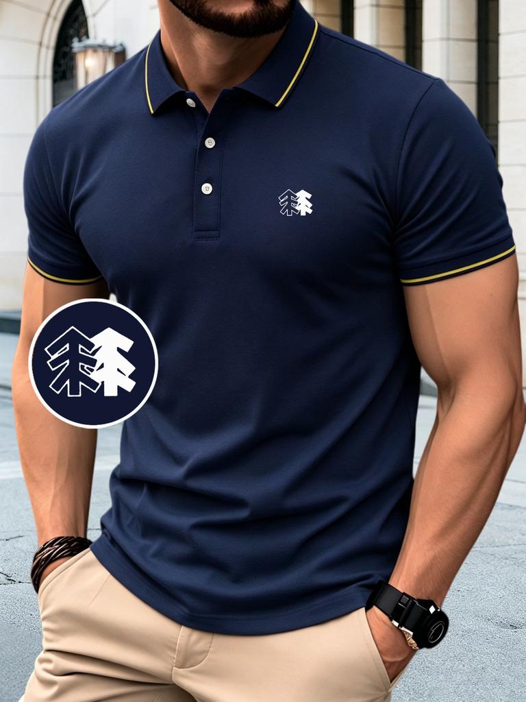 Men's Casual Polo Shirt with Pattern Print - Breathable & Short Sleeve Label Golf Shirts for Business Casual Daily Wear