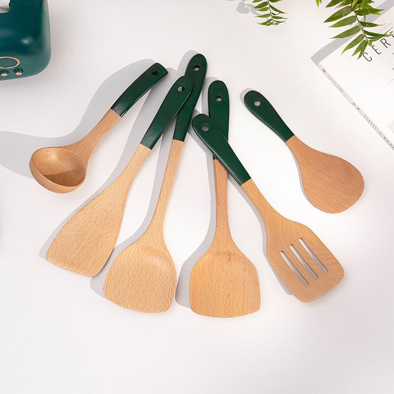 Dunkelgrün Langer Griff Holz Kochküchenutensil Antihaft Pfannenwender Hitzebeständig Suppenlöffel Utensil Küchenzubehör