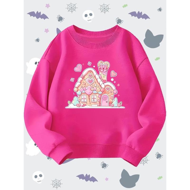 Adorable Cartoon Gingerbread House Print Long Sleeve Crewneck Sweatshirt for Kids, Unisex Boys Girls Pullover, All-Season Round Neck Top