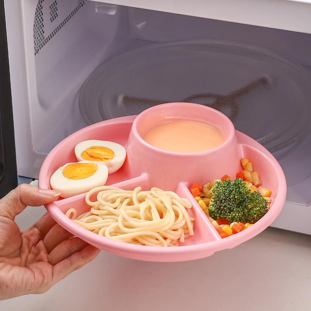 4-Compartment Round Plastic Dinner Plate With Fork Spoon Microwave Safe Fruit Salad Plates Dish For Women Control Diet