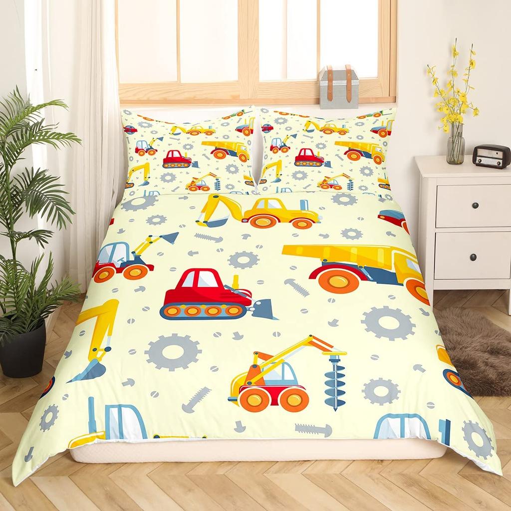Cartoon Car King Queen Duvet Cover Colorful Transportations Bedding Set Cute Truck Train Sailboat Rocket Polyester Quilt Cover
