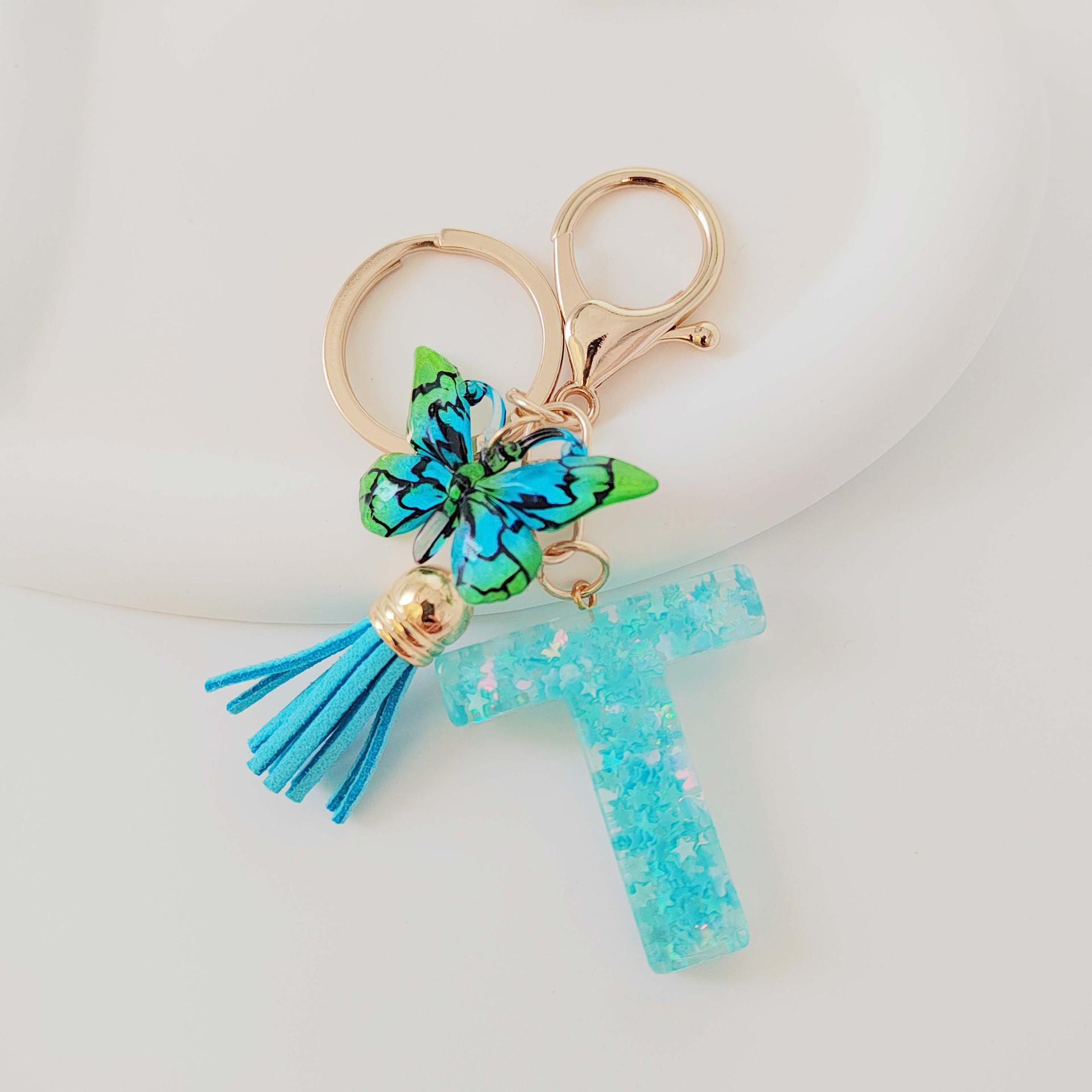 Blue Crystal Epoxy Keychain with Glitter Butterfly Pendant