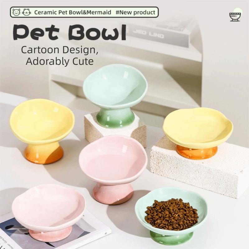 Flower Shape Ceramic Cat Bowl Anti-Tip Tall Footed Elevated Cat Bowl Oblique Mouth Anti-Slip Raised Pet Bowl Small Dogs
