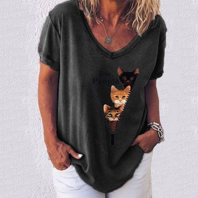 

Жіноча футболка Kawaii Cat Graphic V-подібний виріз з коротким рукавом Модні повсякденні футболки з принтом Веселий літній жіночий одяг Вуличний топ S