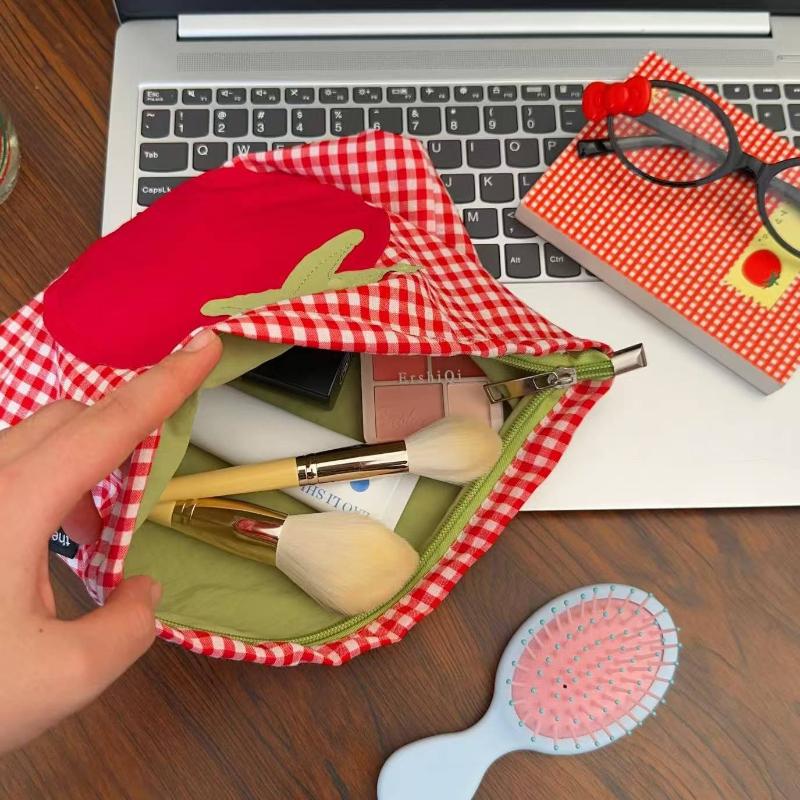 Woman Makeup Bag Cute Red Grid Tomato Toilet Bag Large Capacity Hand in Hand Bag for Traveling Simple and Versatile Makeup Storage Bag Clutch Bags
