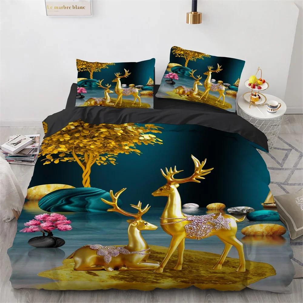 Deer Duvet Cover Set Wild Animals Flowers Pattern Polyester Bedding Set King Twin Full Size Comforter Cover For Kids Boys Girls