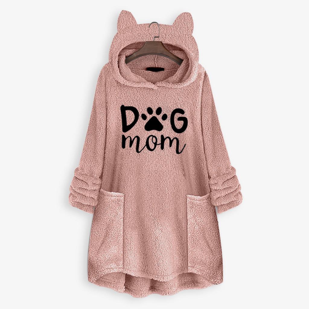 Kadın Polar Nakış Kedi Kulak Artı Boyutu Hoodie Cep Üst Kazak Bluz