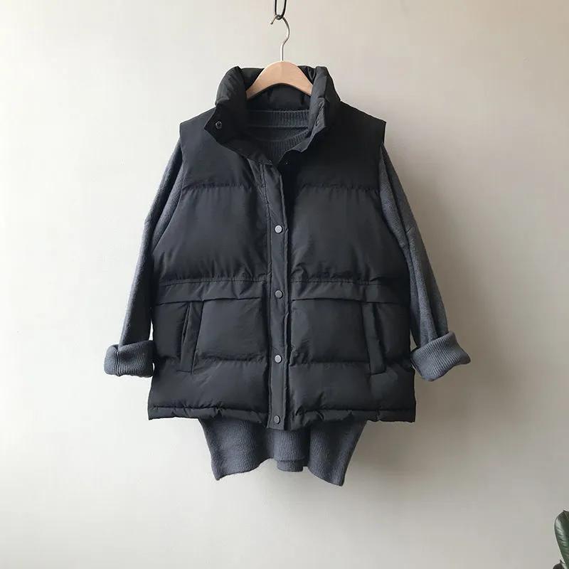 Women Winter Padded Warm Waistcoat Stand Collar Sleeveless Jackets Casual Loose Vests