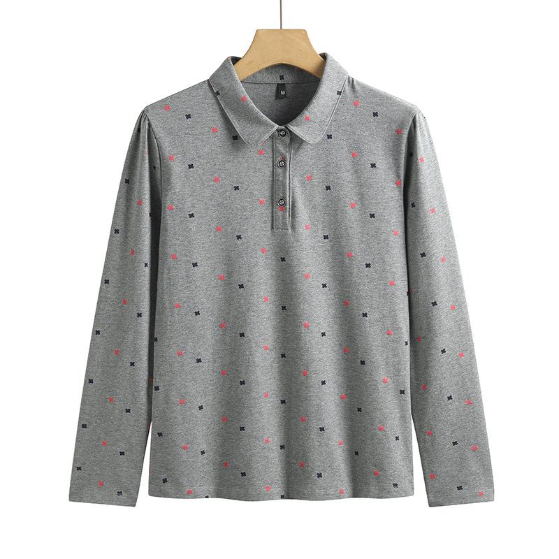Women's Spring T-shirt New All-over Printed Long-sleeved Lapel Polo Shirt Korean Version Slim Fit Cotton Comfortable Temperament