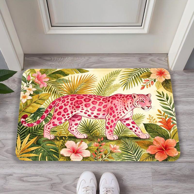 Tropical Pink Leopard Jungle Door Mat, Kitchen Absorbent Carpet, Entrance Non Slip Floor Mat, Home Decoration