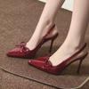 Evening breeze beautiful bow high heels women's summer new pointed thin heel light mouth fairy wind bag head sandals