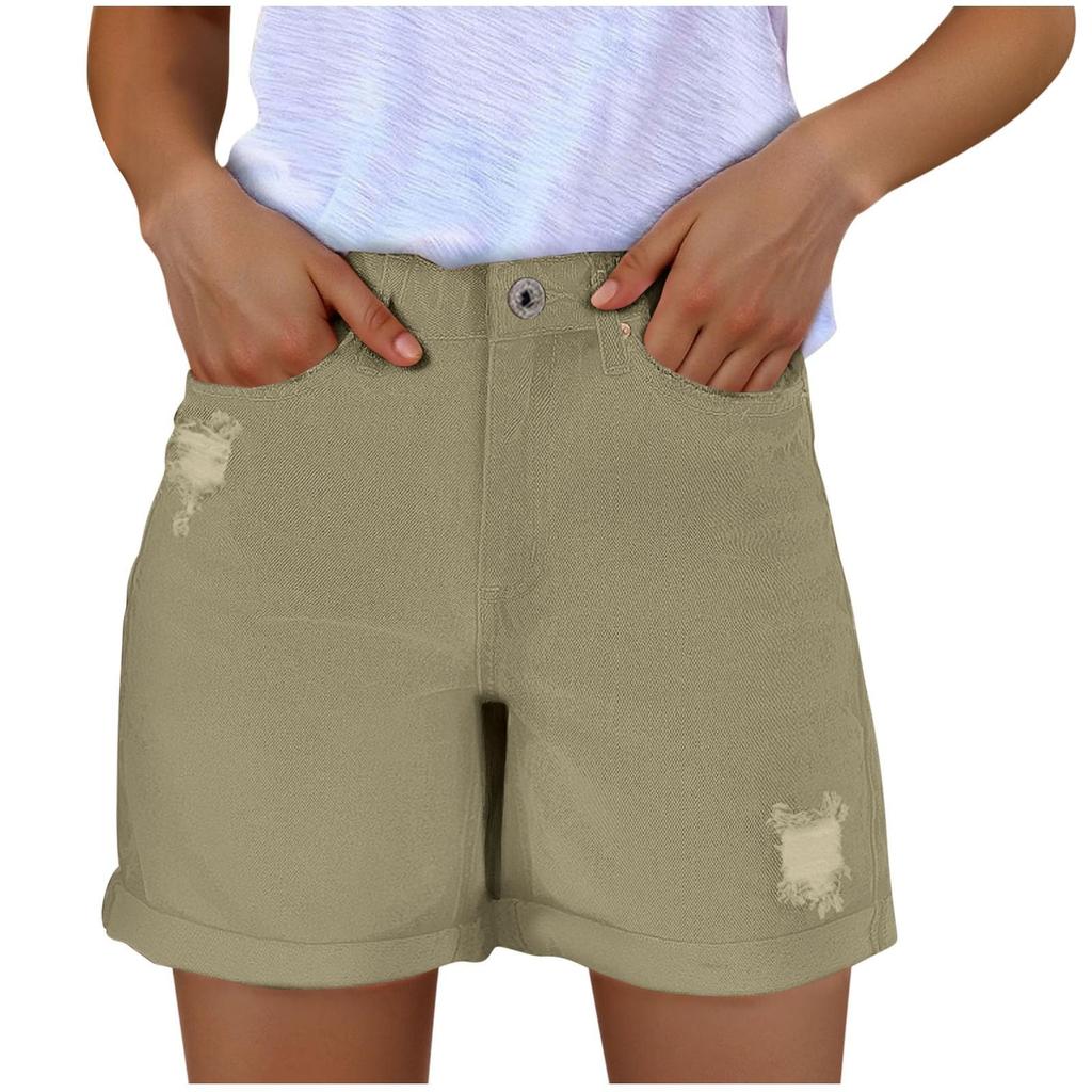 Women's Solid Color Jeans Stretch Slim Fit Distressed Denim Shorts