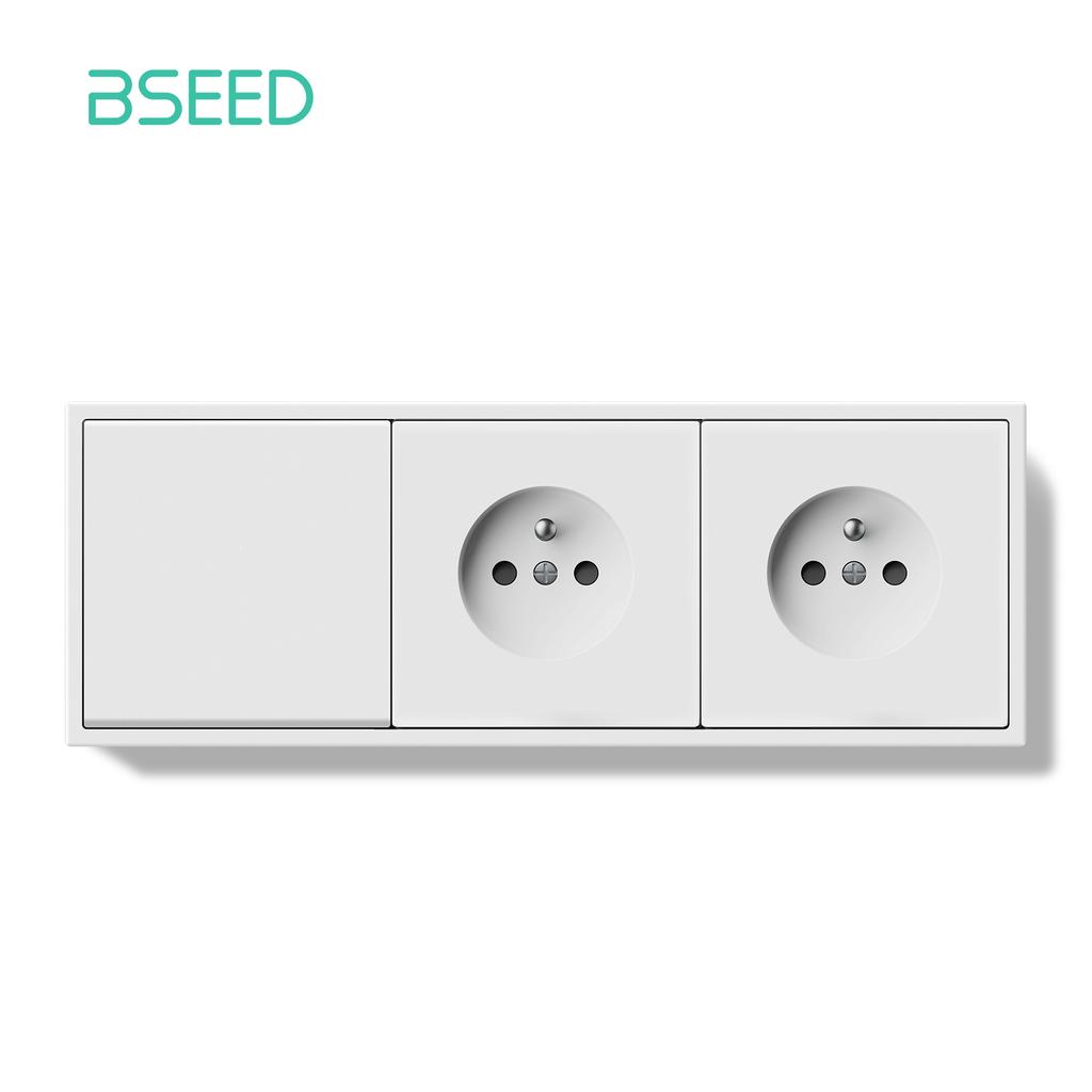 BSEED 1/2Gang Mechanical Button Light Switch 1/2Way Wall Switches Plus French Sockets Power Outlets Plastic Panels White Series