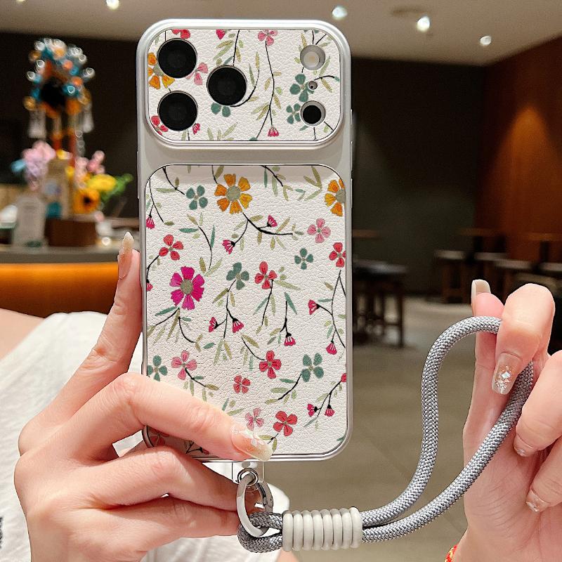 Cartoon Daisies Flower Pattern Leather Lanyard Case For iPhone 18 Pro Max Hybrid TPU+PU Anti-skid Soft Cover For iPhone 17 16 15 14 13 Pro Max