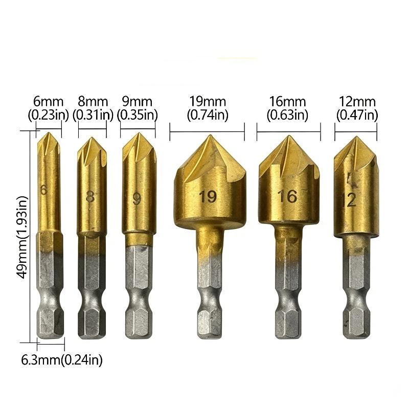 3/6Pcs Hexagonal Handle Titanium Plated Five Edge Chamfering Knife Countersunk Drill 6-19Mm Woodworking Spot Facer Tool Set