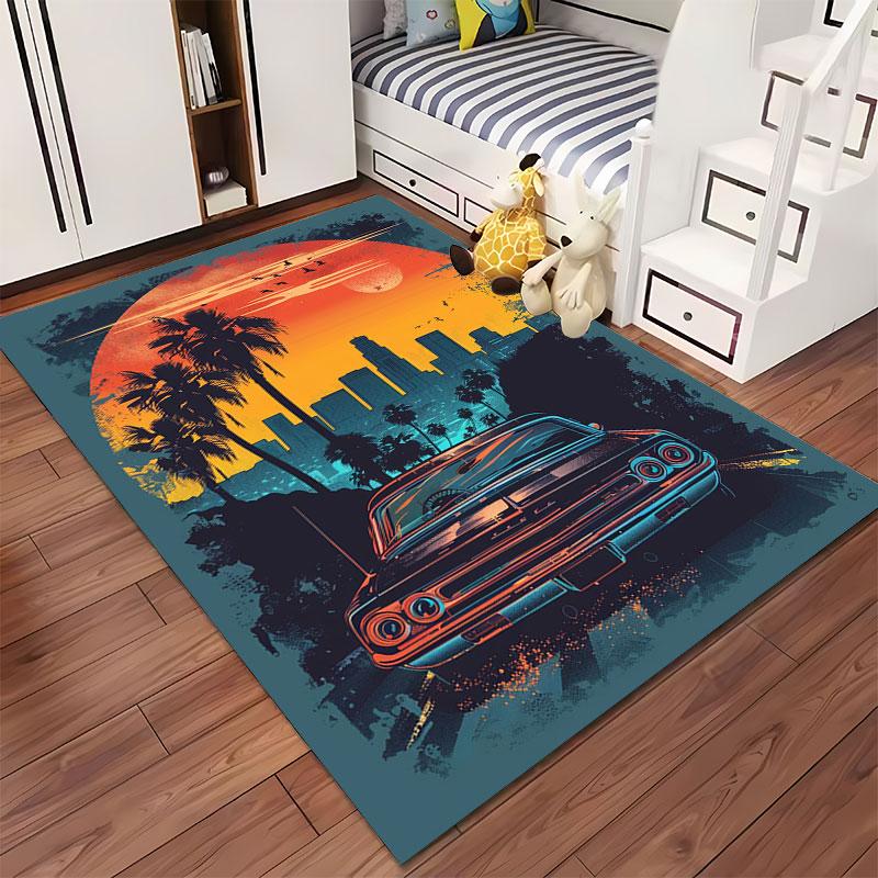 Retro Car with City Sunset suitable as a non-slip mat for the living room or bedroom sofa