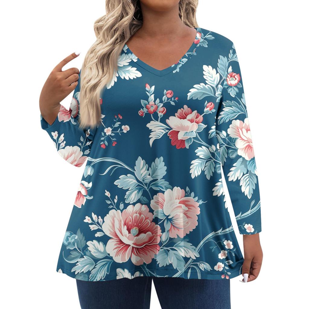 Women's Fashionable Casual Long Sleeved Plus Size Floral Print Top Plus Size Floral Print Top