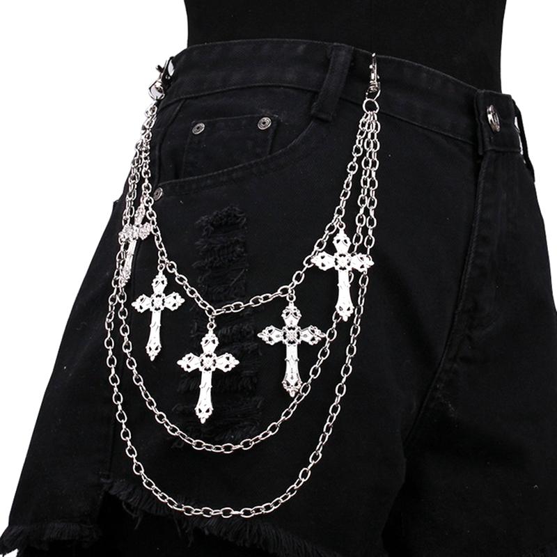 Punk Jeans Pants Chain Multi Layer Chain Punk Cross Charm Waist Wallet Chain Harajuku Belt For Hip Hop Dancers