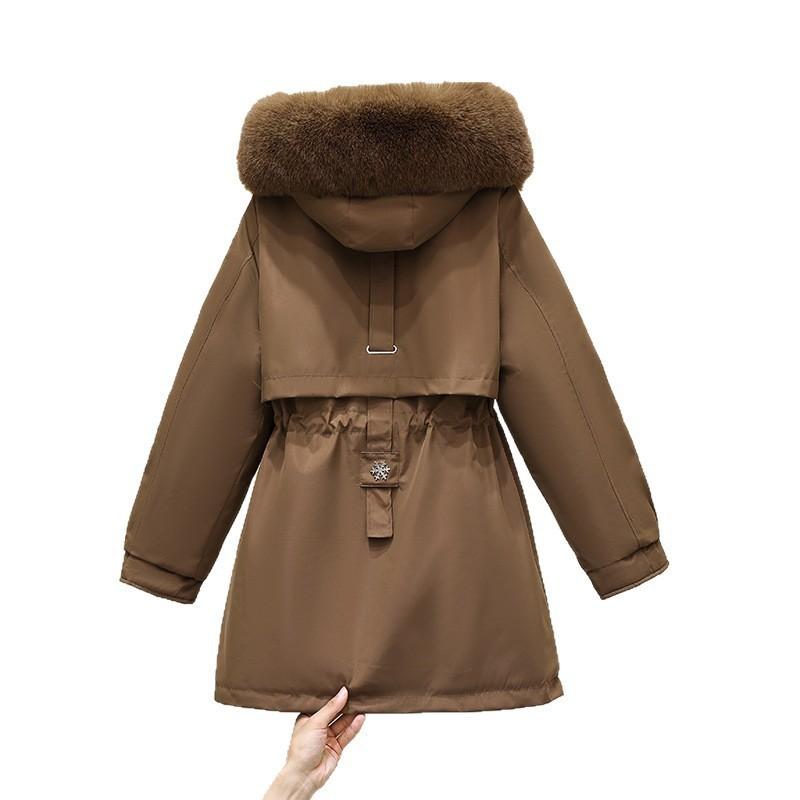 Womens Winter Parka With Fur Hood Fleece Lined Slim Fit Thick Cotton Coat