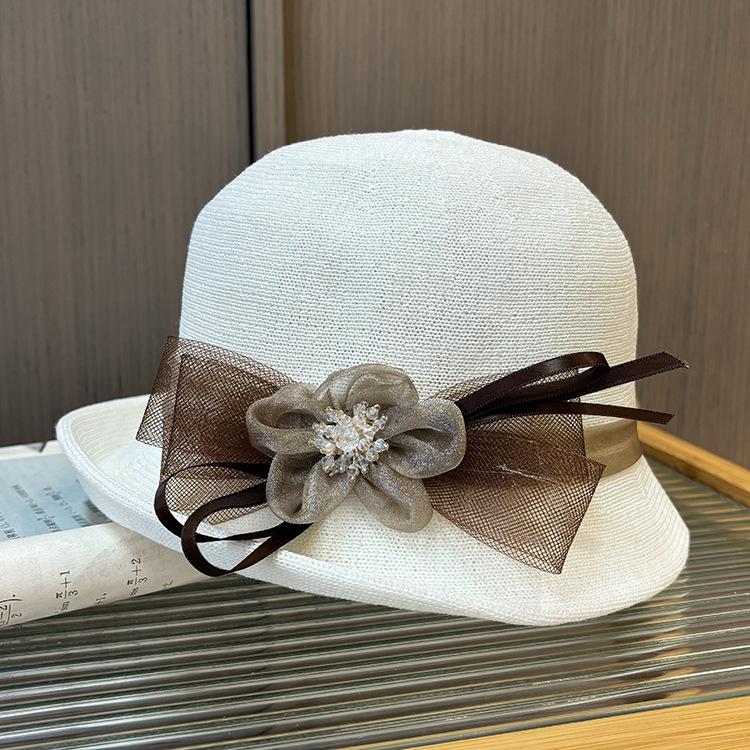 New hat women's spring and summer thin knitted sun hat middle-aged and elderly elegant crimped basin hat sunscreen mesh flower bucket hat