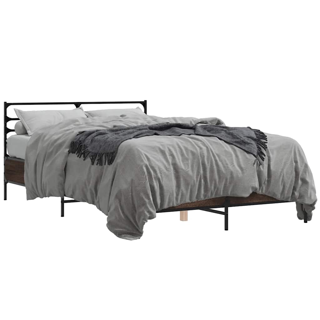 Brown Oak Effect Bed Frame 135 x 190 cm Wood Based Panel & Metal