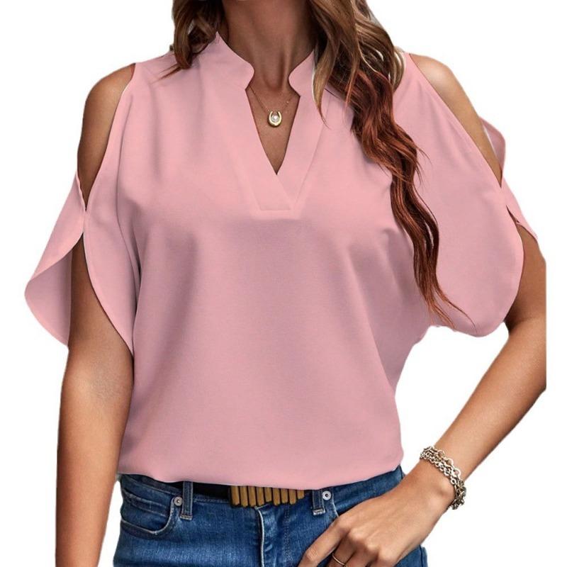

Женские модные повседневные однотонные блузки и рубашки с v-образным вырезом и коротким рукавом с принтом XXL розовый
