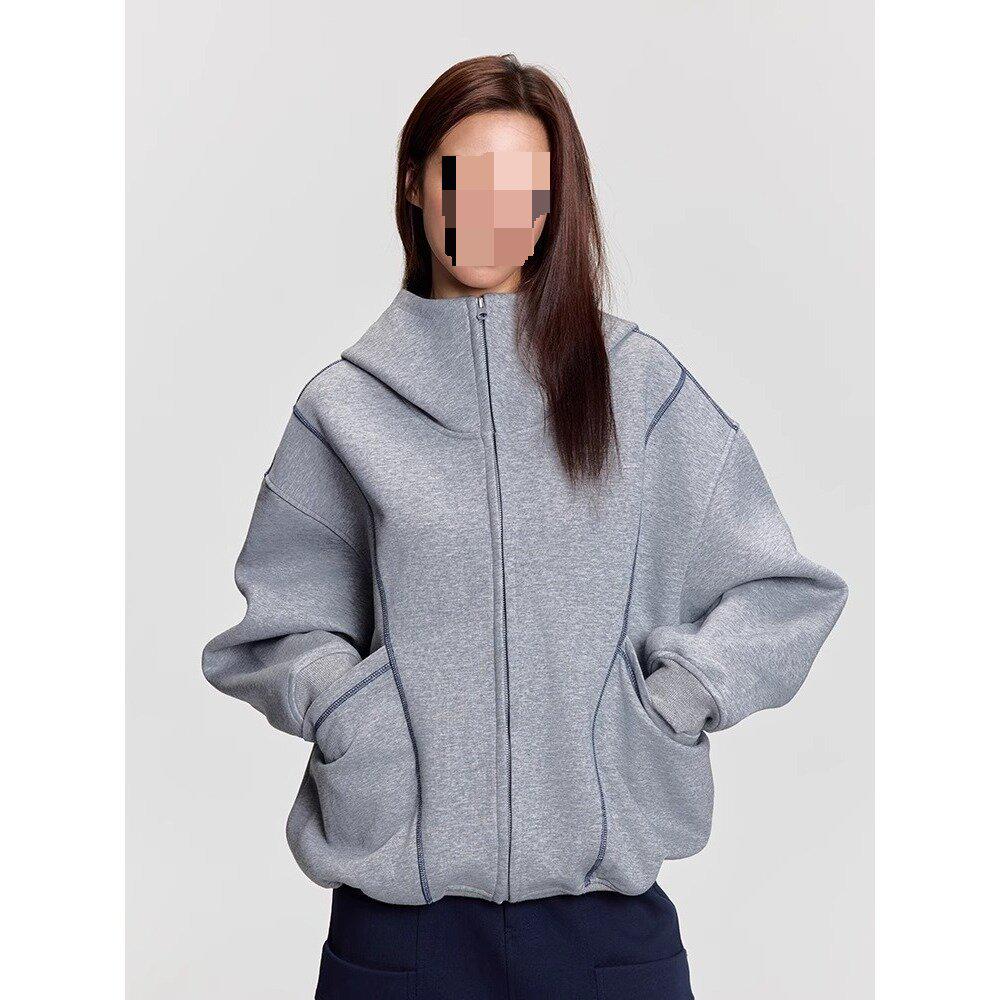 Unisex Trendy Heavyweight Hooded Cardigan with Contrast Stitching
