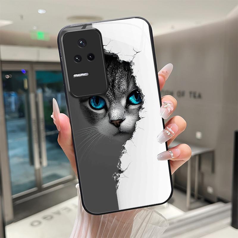 Beautiful Flower Cute Cats Case For Xiaomi Poco F4 5G / Redmi K40S Tempered Glass Phone Case Protective Back Cover Hard Shell
