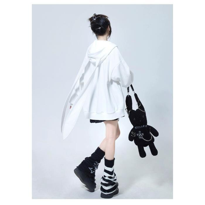 

Знімні вушка кролика Фіолетовий худі на блискавці Жіночий вільний кардиган-куртка Модний Осінь Зима S білий