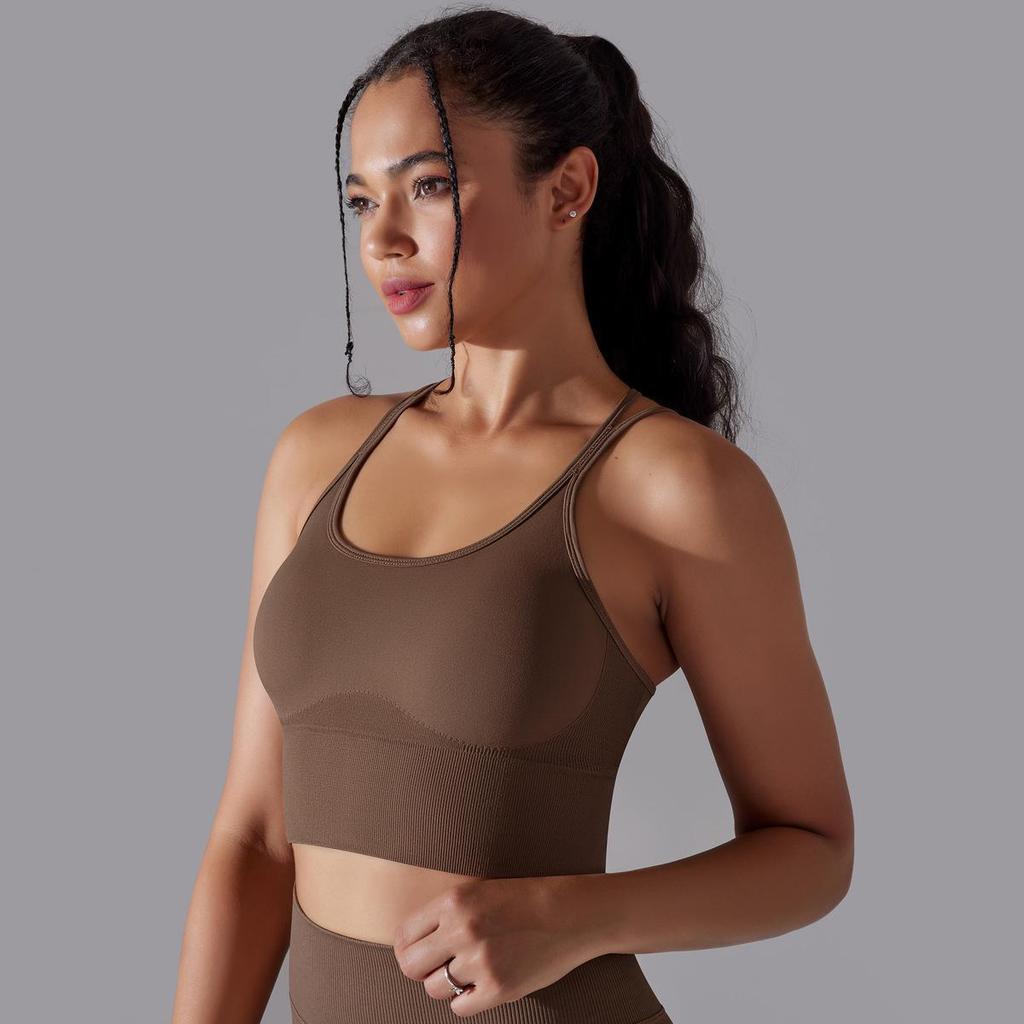 Solid Color Cross Back Sports Bra, Tight Fitting, Shock-absorbing, Gathering, High-strength Vest, Yoga And Fitness Bra For Women