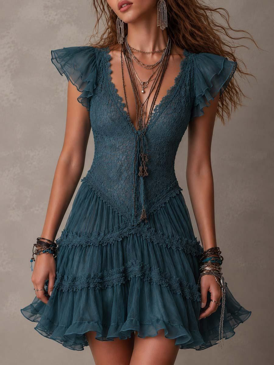 2026 new European and American lace Xiaofei sleeve dress women s waist strap layered, mesh cake skirt S тёмно-синий