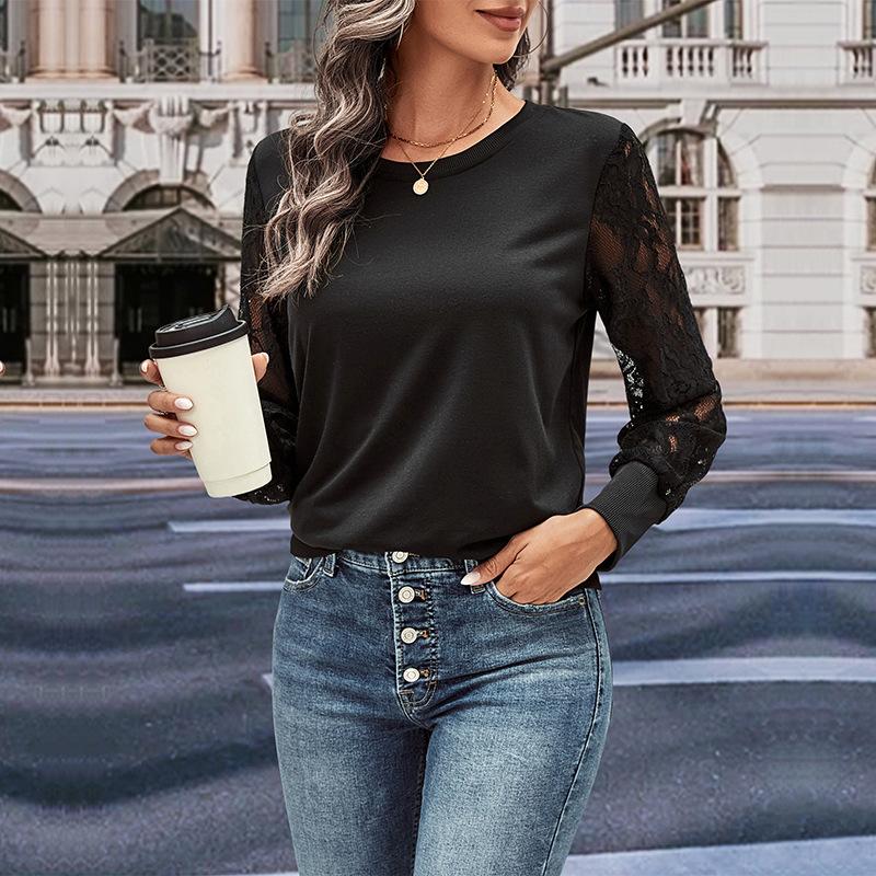 Casual Comfort and Versatility Autumn Women's Solid Color Lace Splicing Sweater Women