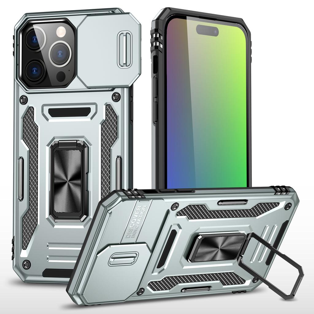 Armor Series For iPhone 16 Pro Case Slide Lens Lid PC+TPU Anti-Drop Kickstand Phone Cover