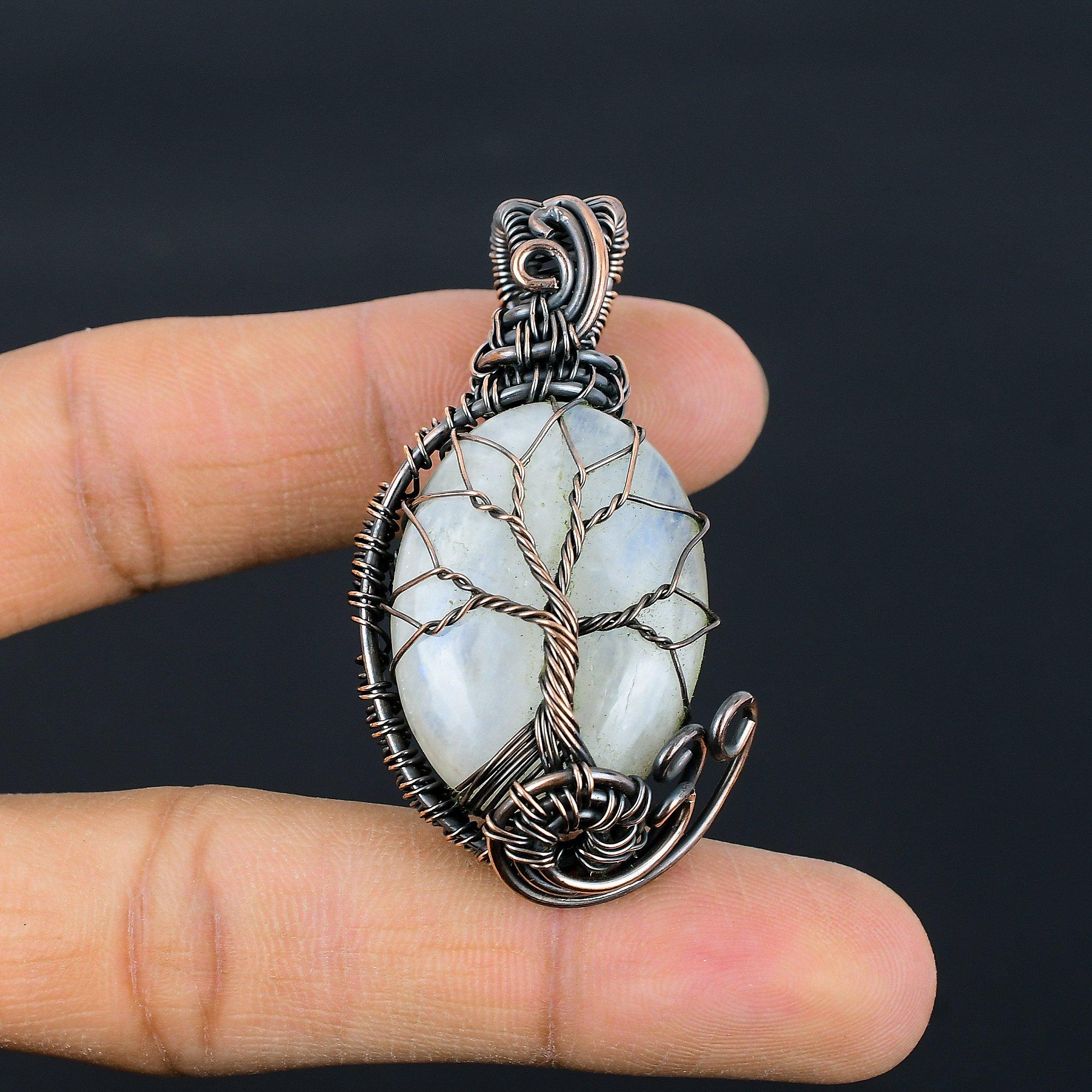 

Кулон из лунного камня, обернутый медной проволокой 999 пробы, кулон из драгоценного камня ручной работы, подарок для мамы, антикварное украшение 2.55 Inches