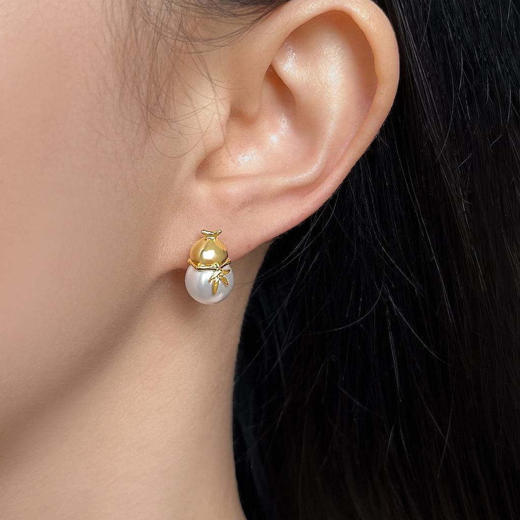 Fu Lu 18K Gold Perlen Kürbis Ohrstecker - Retro Chinesischer Stil, Leichter Luxus Mode